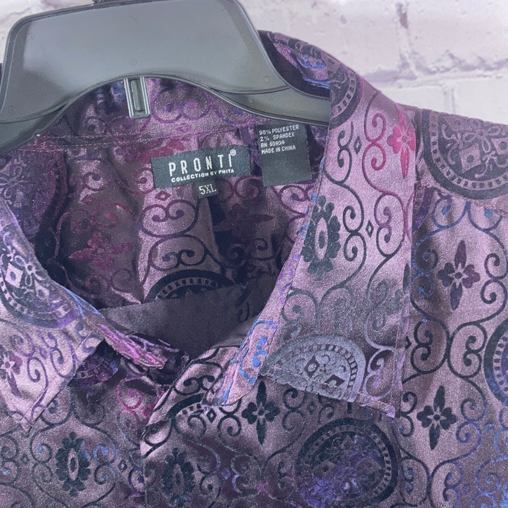 PRONTI MEN’S CRUSHED VELVET BUTTON DOWN CASUAL/DRESS SHIRT SZ 5XL DEEP PURPLE
